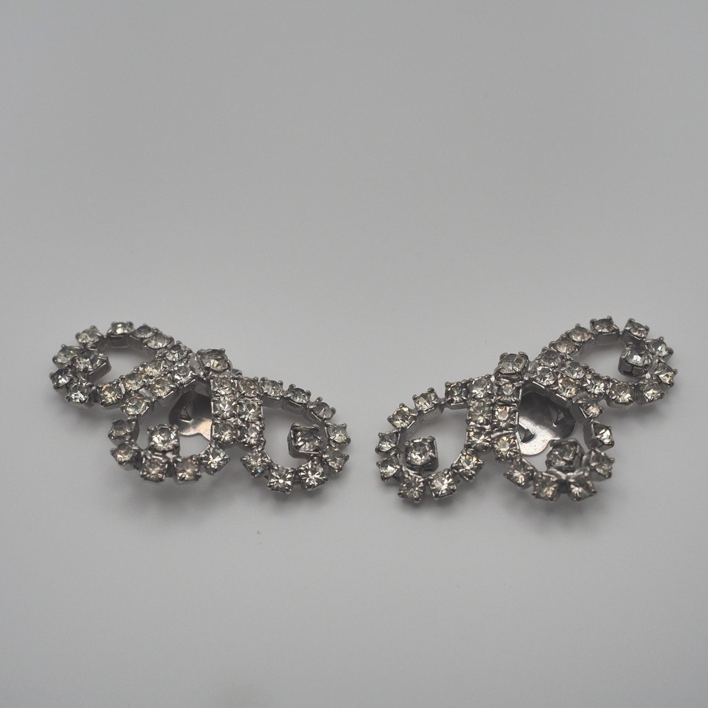 Vintage Rhinestone Shoe Clips Silver Tone Bow Prong Set Loop Pair Sparkly Bling